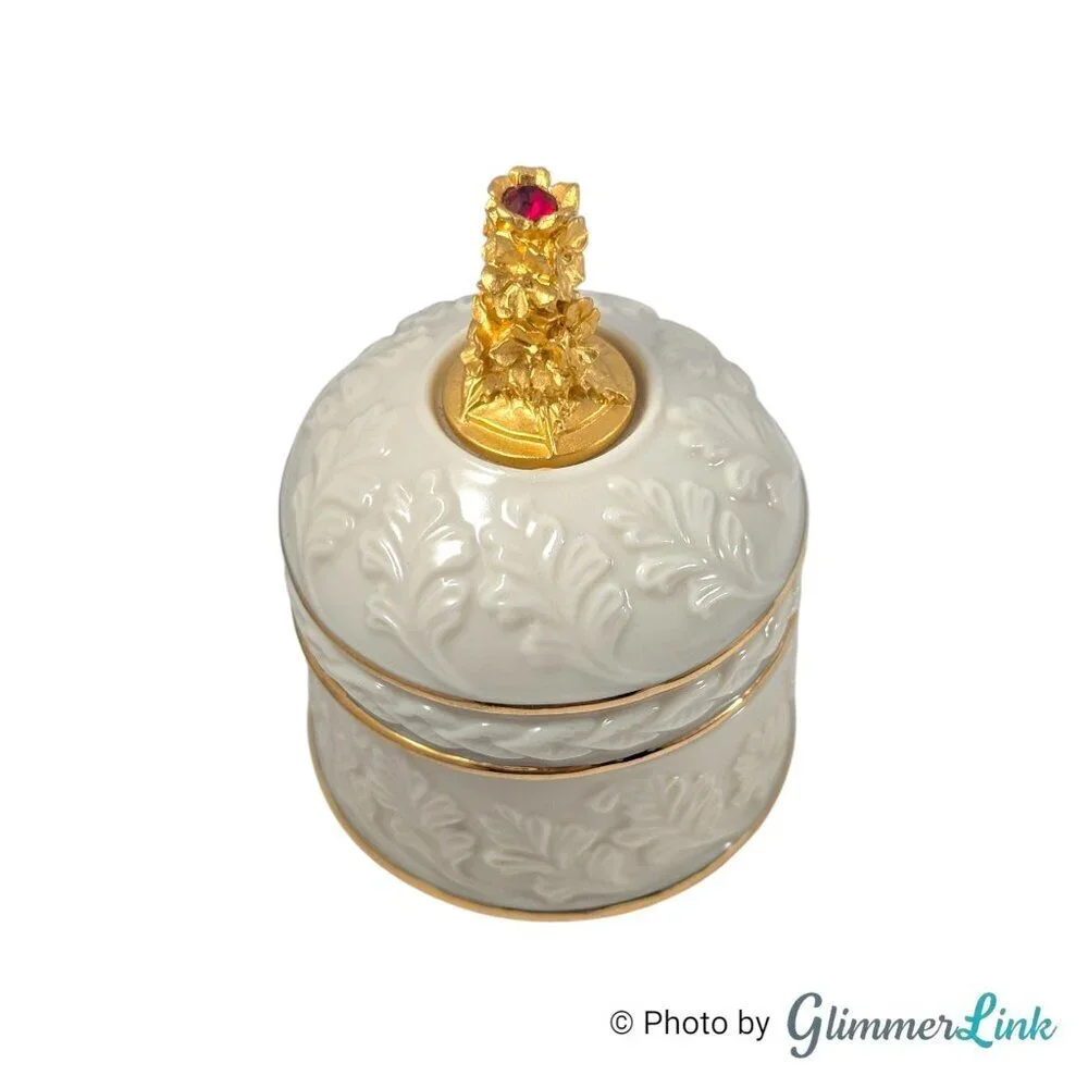 Lenox July Birthstone Trinket Box Ruby Red Crystal Gold Trim Porcelain